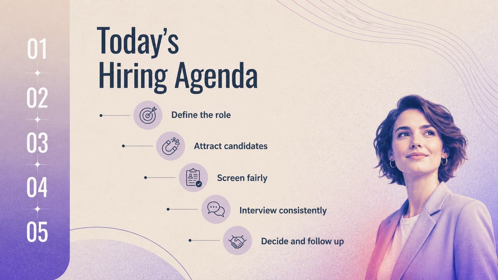 Recruitment webinar agenda slide listing five stages of the hiring process.