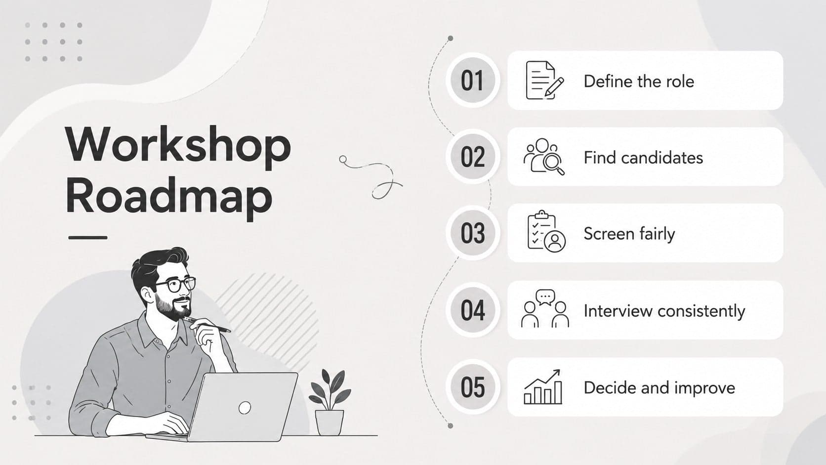Grey hiring workshop agenda slide outlining five stages of recruiter training.