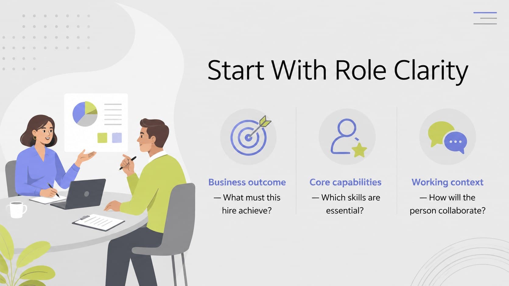 Role intake planning slide for aligning hiring managers on outcomes, skills, and responsibilities.