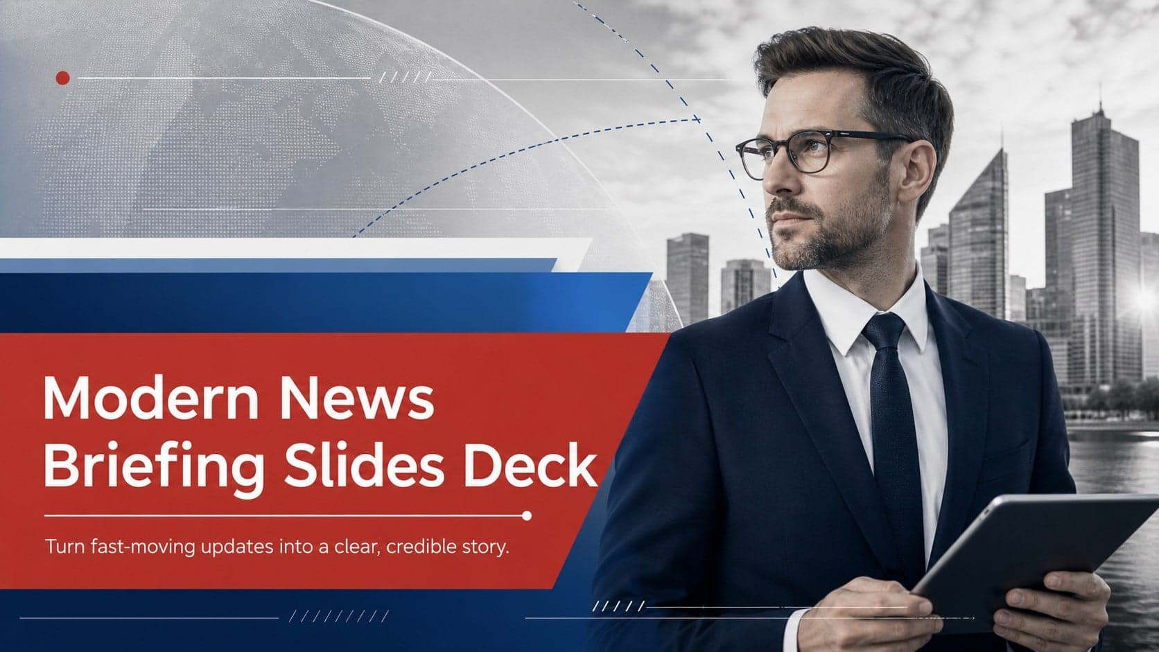 Cover of a modern news briefing slides deck with a bold editorial headline and blue, white, grey, and red graphics.