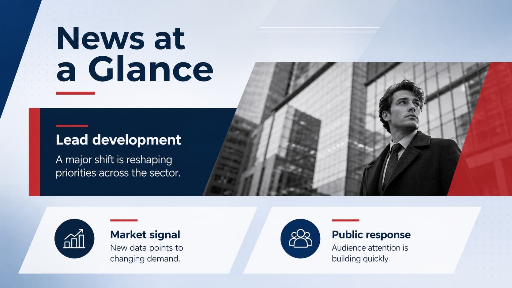 Top stories overview for a business news update presentation with three prioritized editorial summaries.