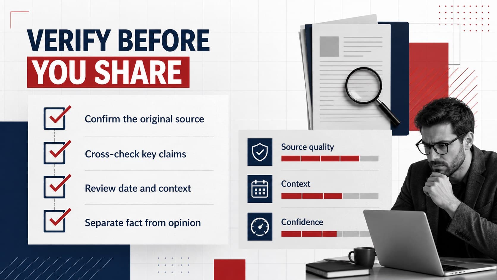Source verification checklist slide for a corporate media briefing deck.