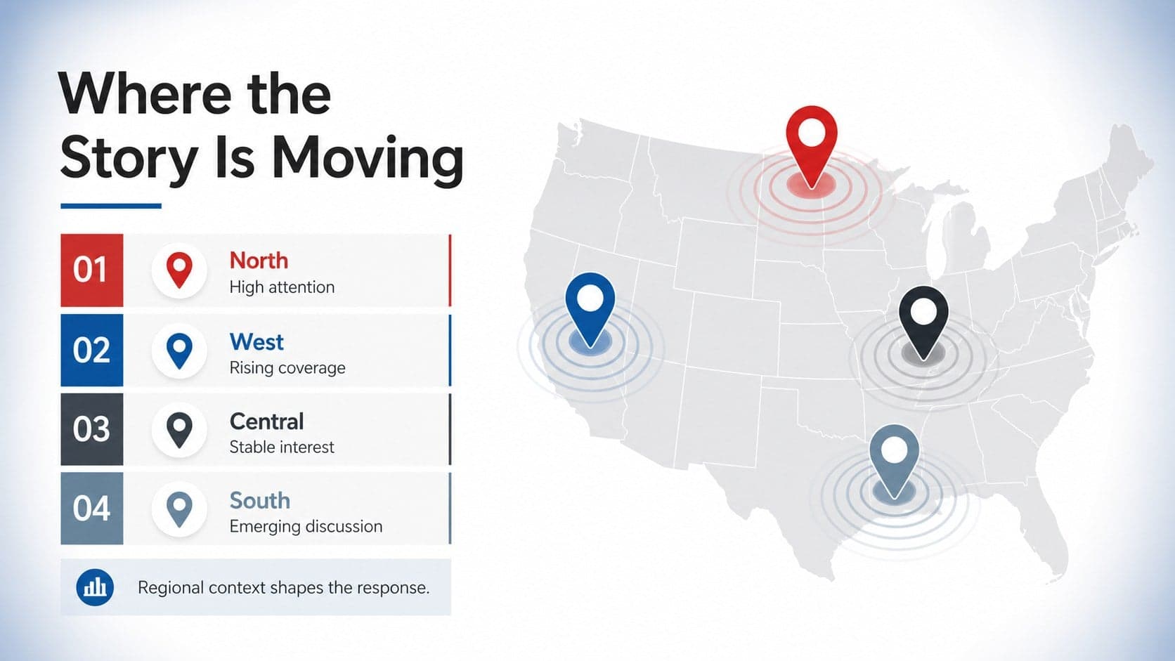 Regional coverage map slide for a current events presentation theme.