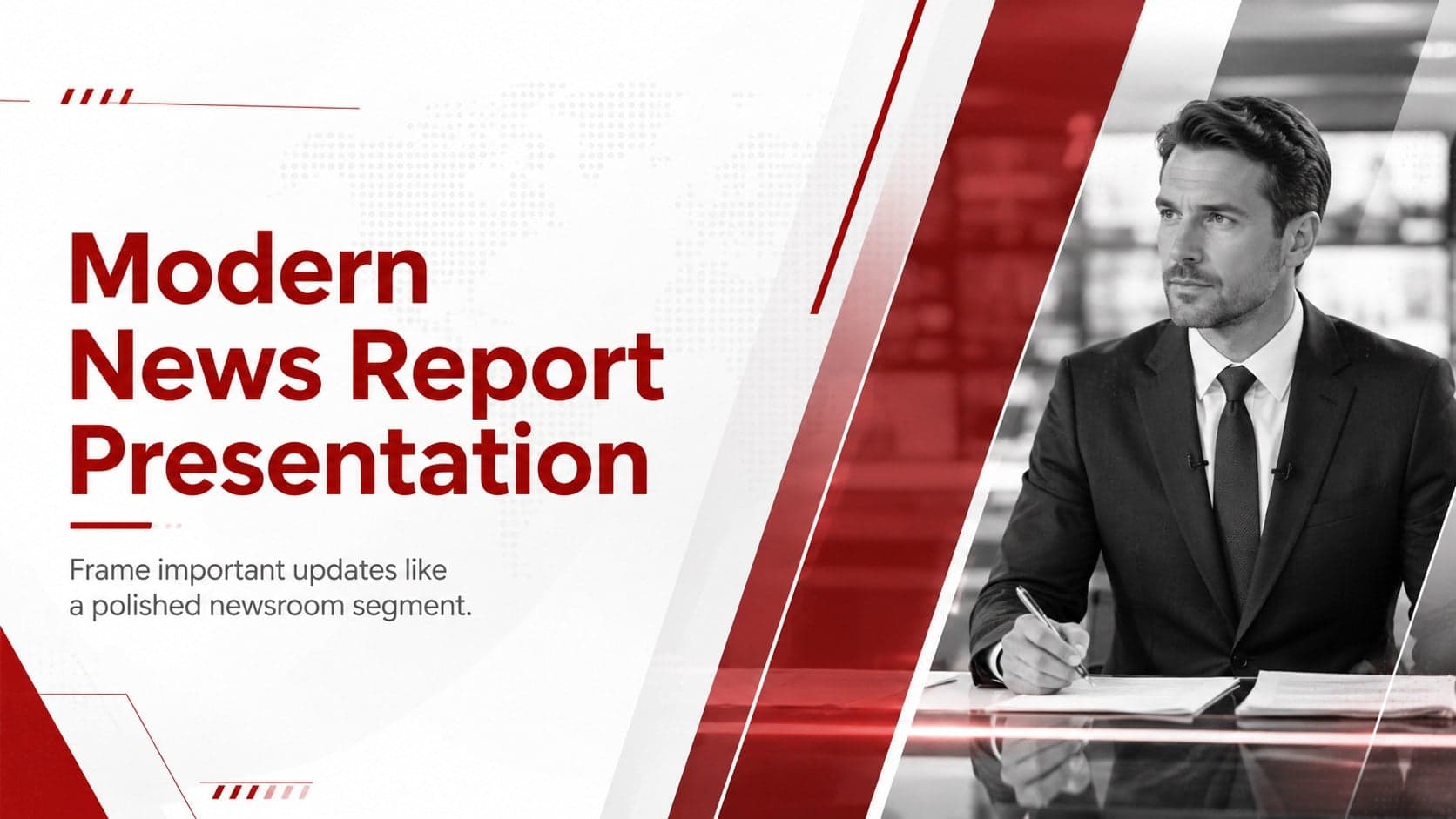Cover for a modern news report presentation with bold red broadcast accents on a clean white background.