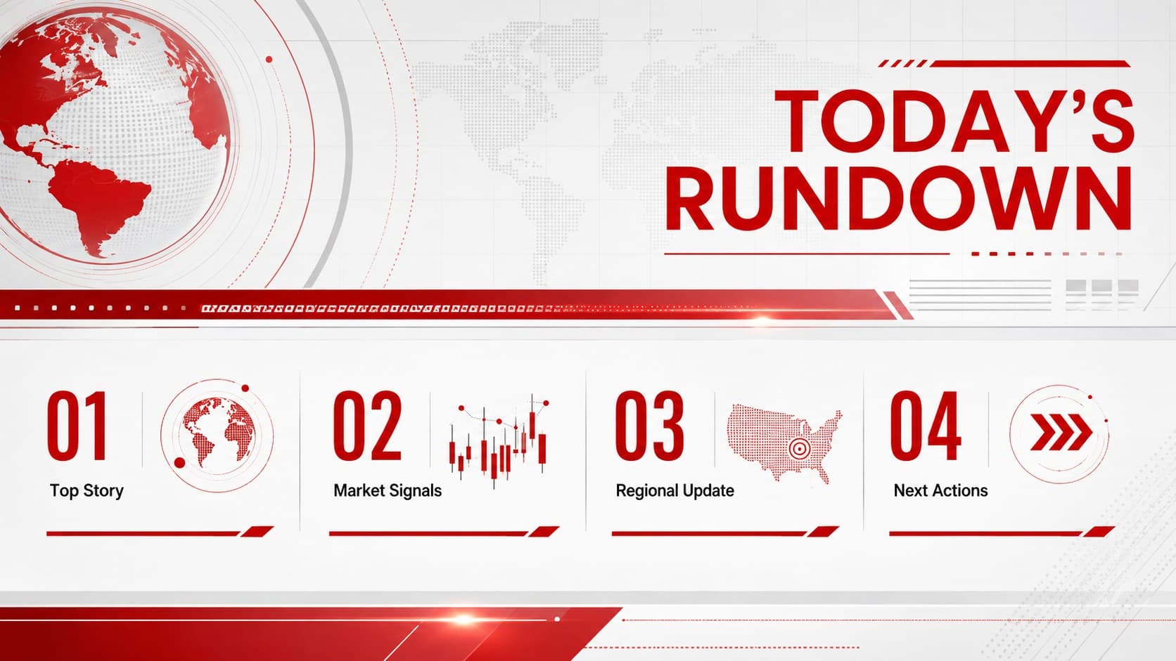 Newsroom agenda slide outlining headlines, market signals, regional updates, and next actions.