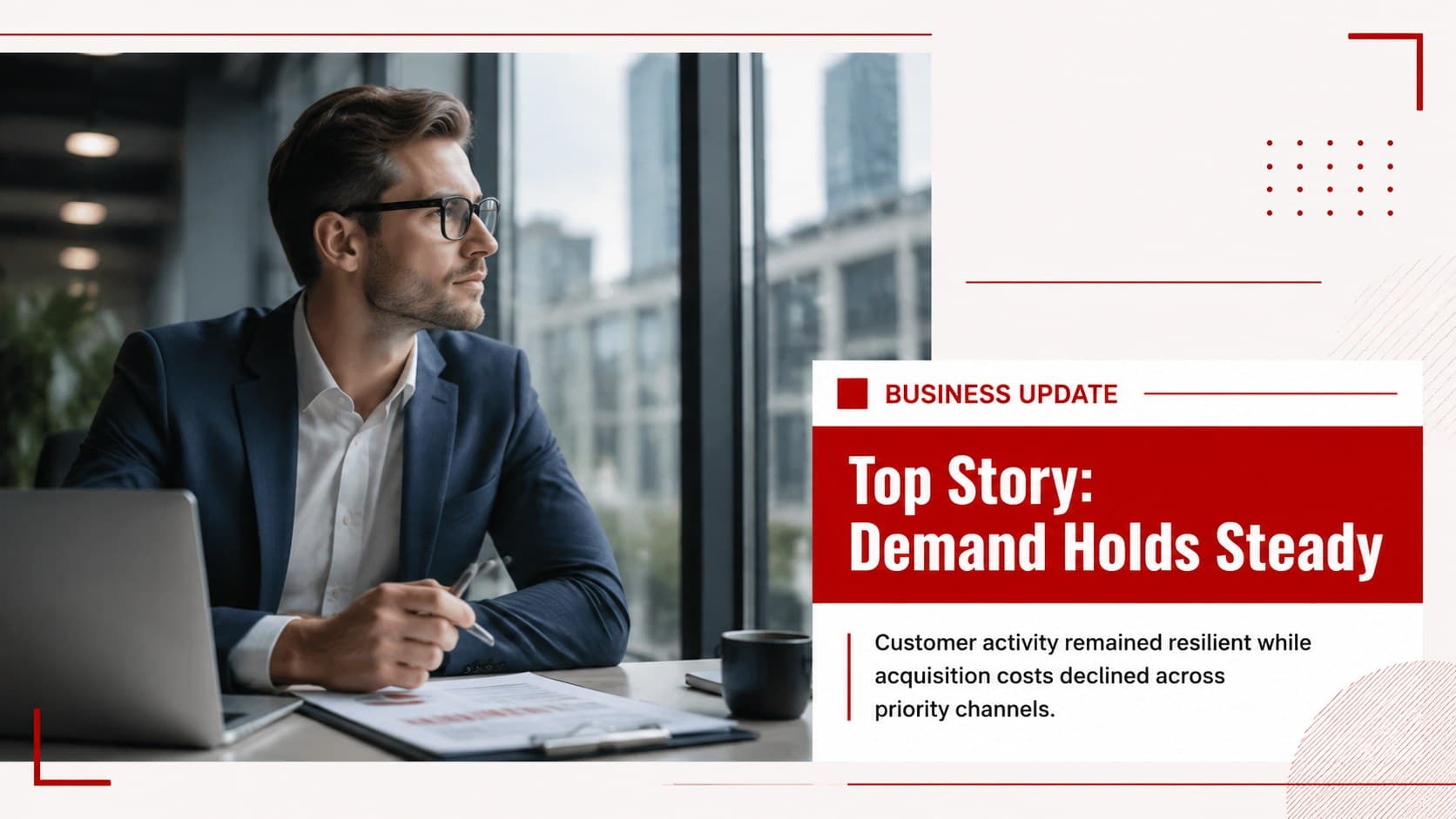 Business news presentation template slide featuring a lead story and concise supporting facts.