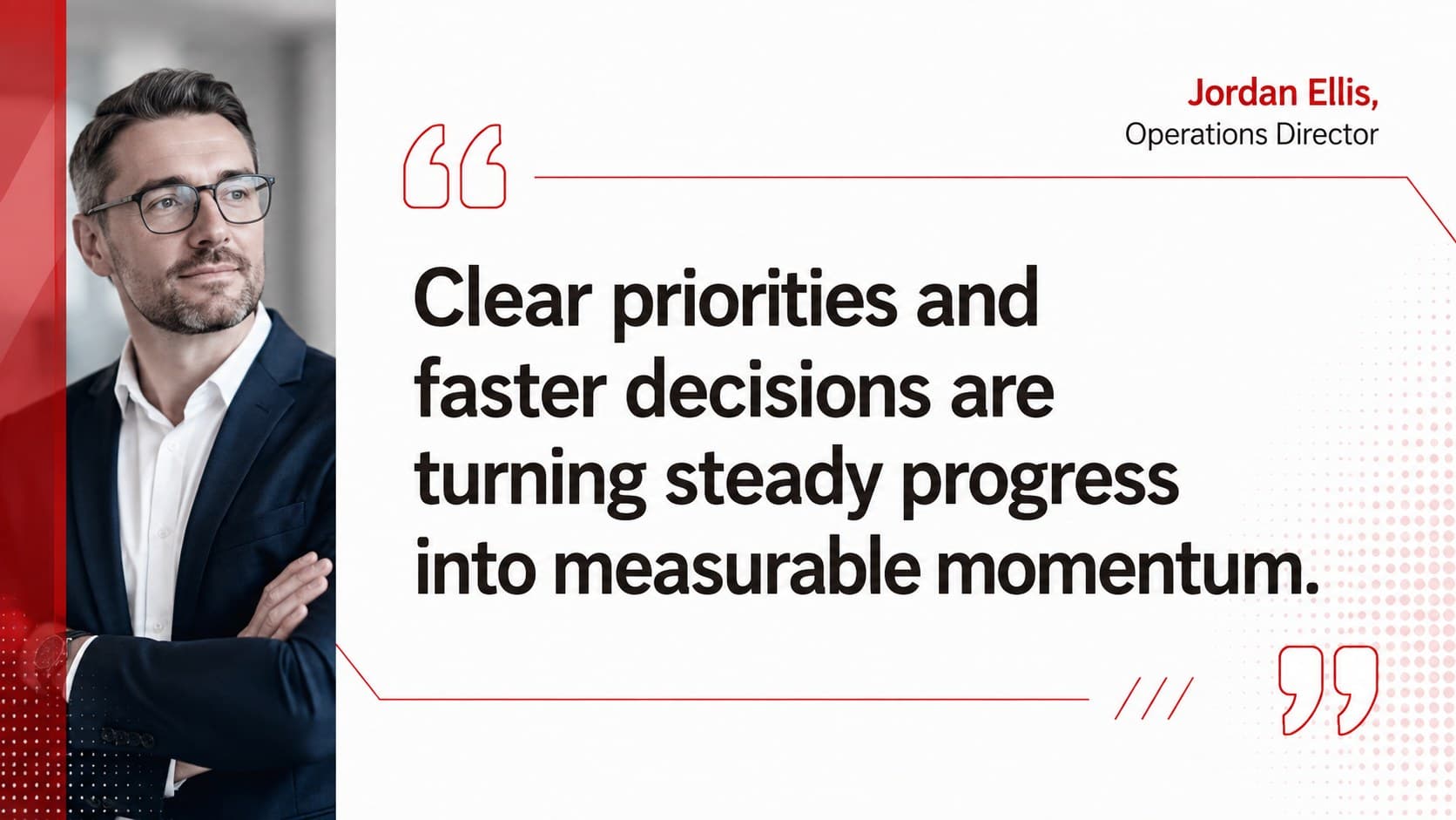 Corporate news quote slide highlighting a leadership perspective beside original executive photography.