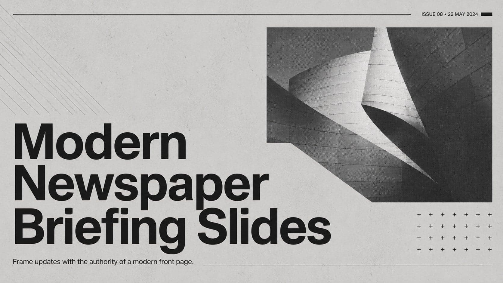 Cover for Modern Newspaper Briefing Slides featuring bold editorial typography in a minimal gray front-page layout.
