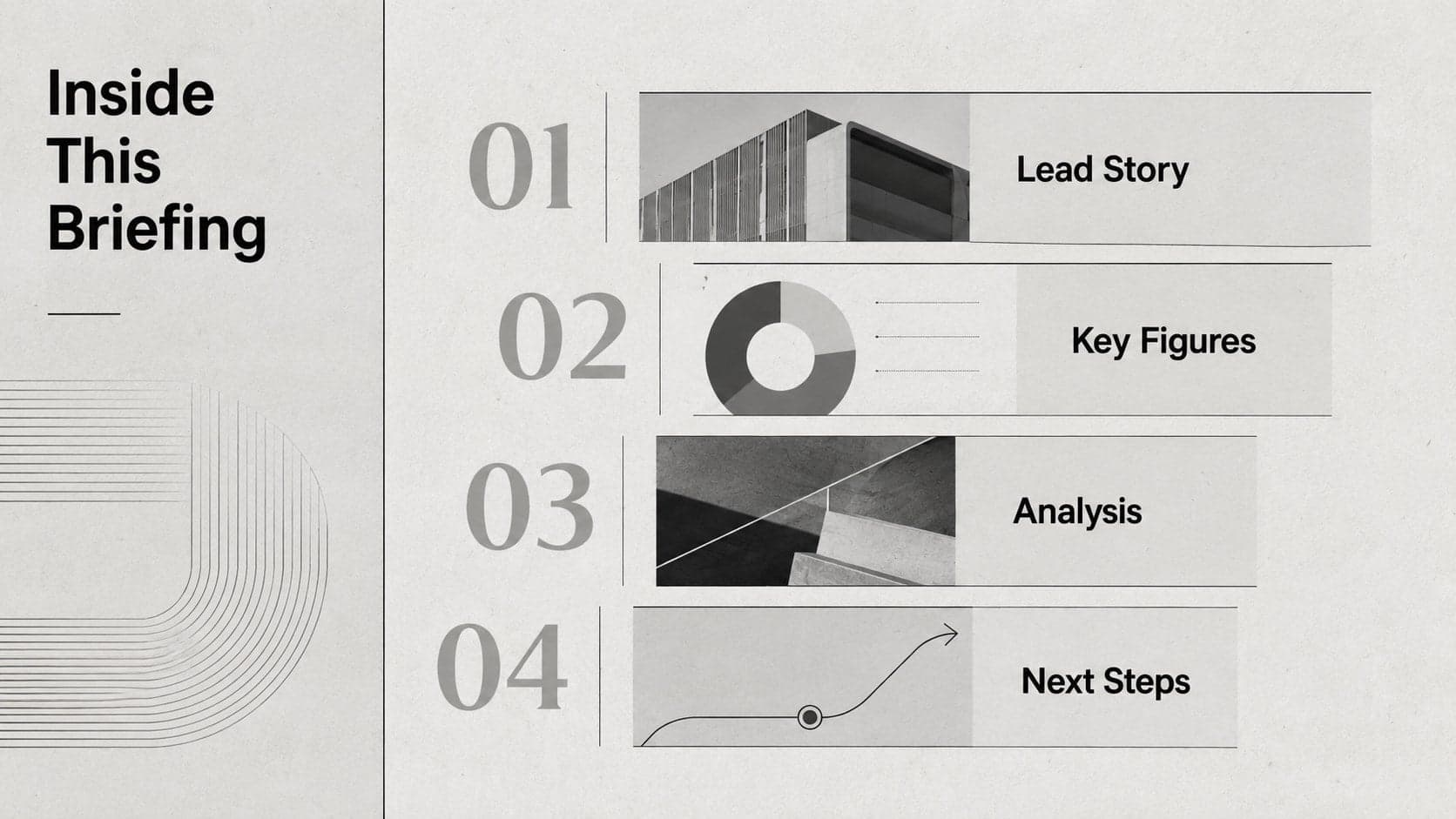Editorial agenda page outlining the sections of a modern newspaper briefing presentation.