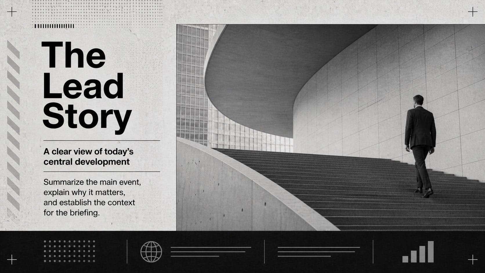 Lead story layout from an editorial news briefing deck with a large headline and concise summary.