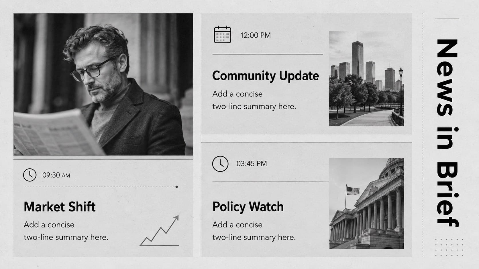 Modern current events presentation page displaying three concise news updates in a monochrome grid.