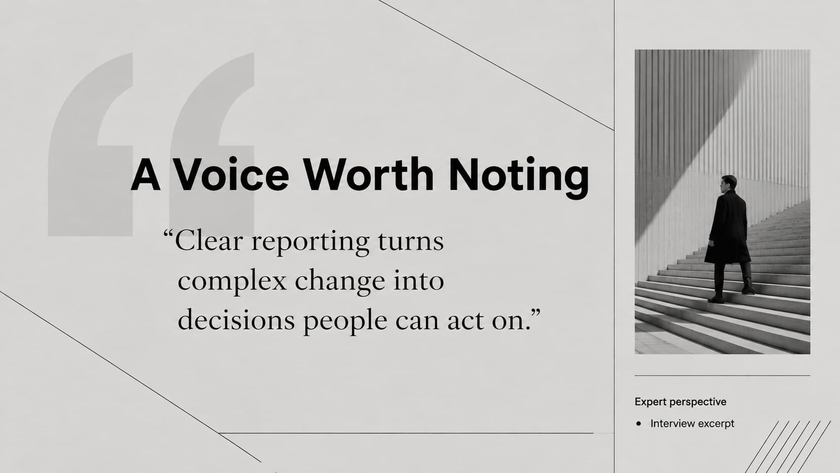 Minimal newspaper presentation template page featuring a prominent expert quotation and source note.