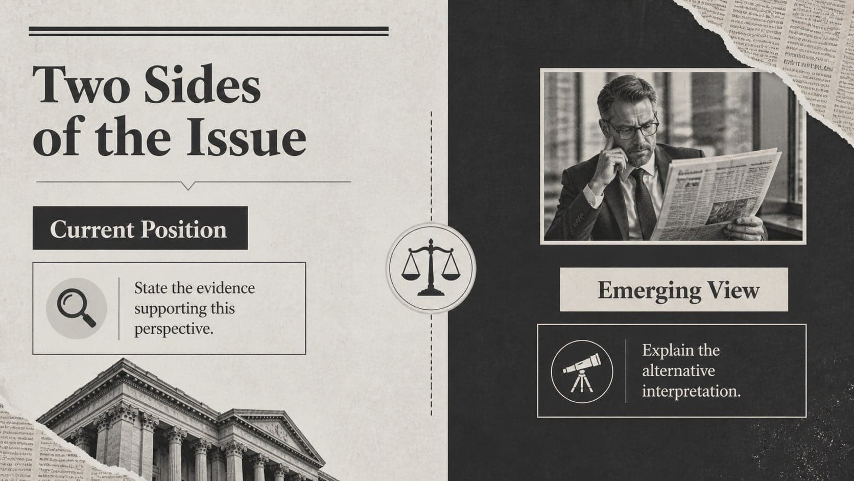 Monochrome editorial slide comparing two perspectives with parallel evidence columns.