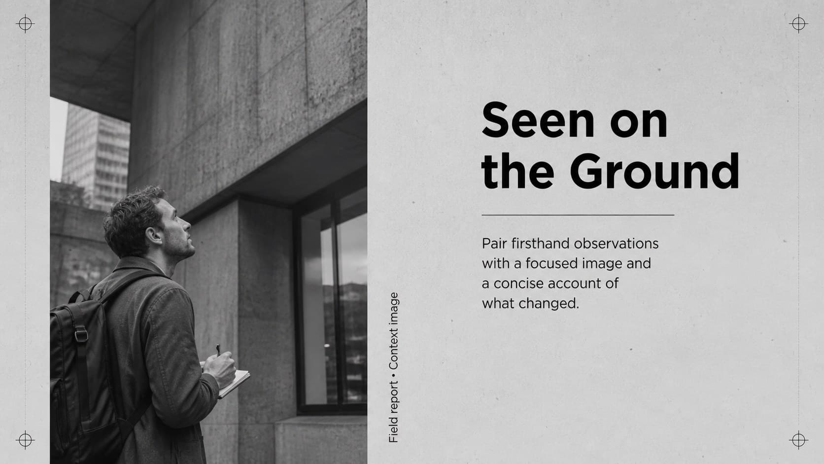 Editorial news briefing slide with a large documentary image area and a short reported feature.