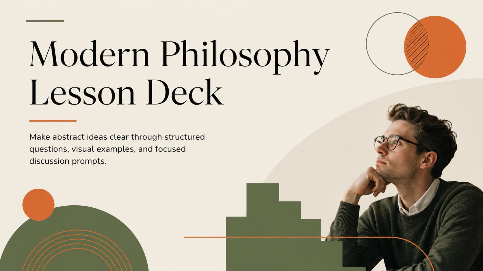 Cover of the Modern Philosophy Lesson Deck with bold orange and green geometric forms.