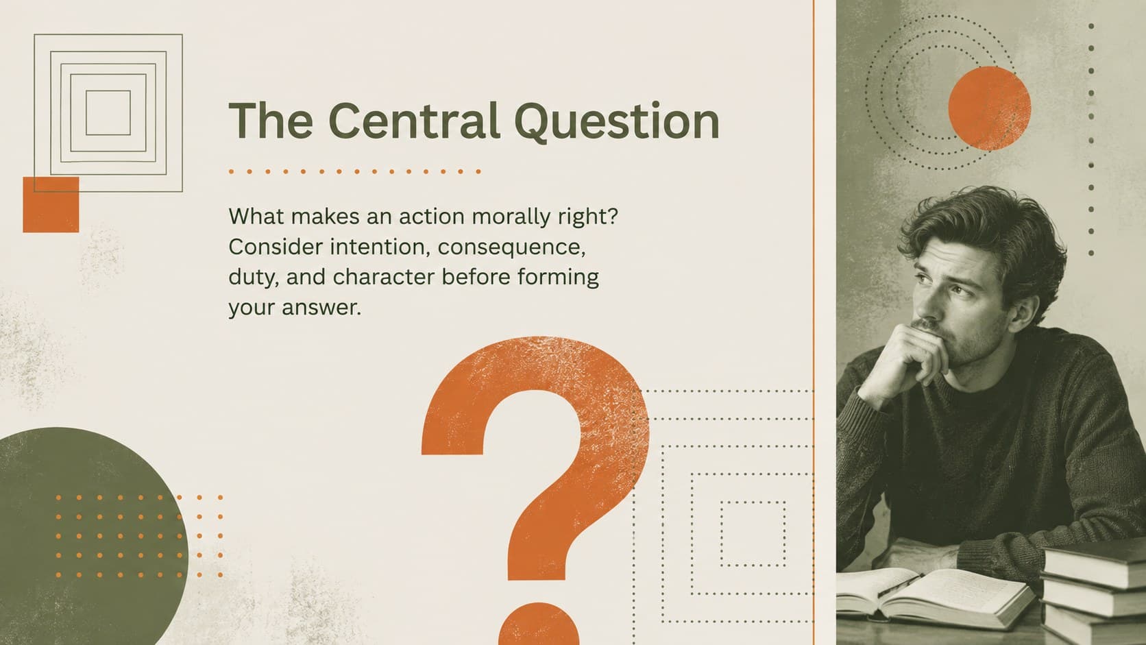 Critical thinking discussion slide presenting a central philosophical question in a minimal geometric layout.