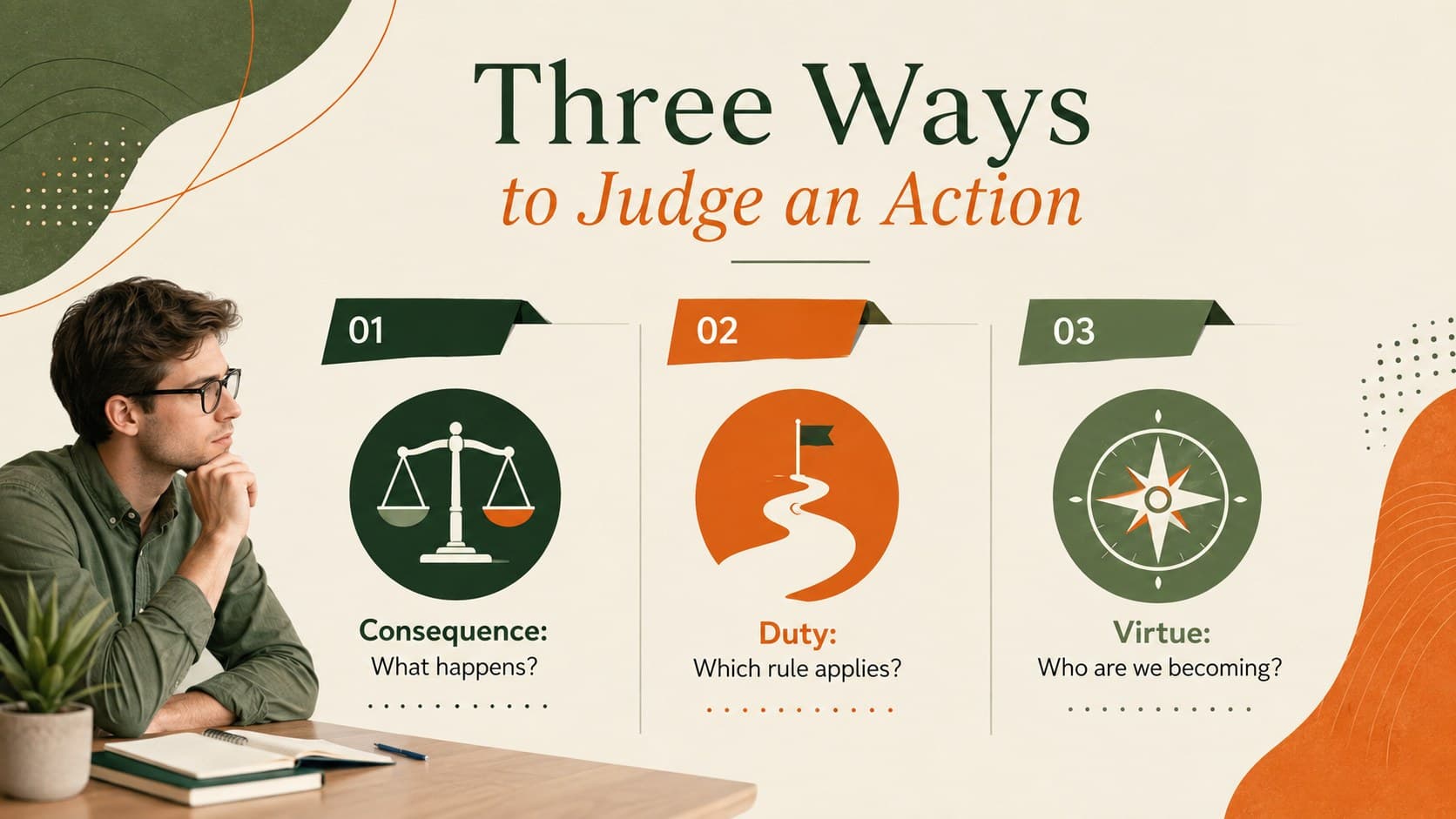 Philosophy classroom comparison slide contrasting consequence, duty, and virtue approaches.