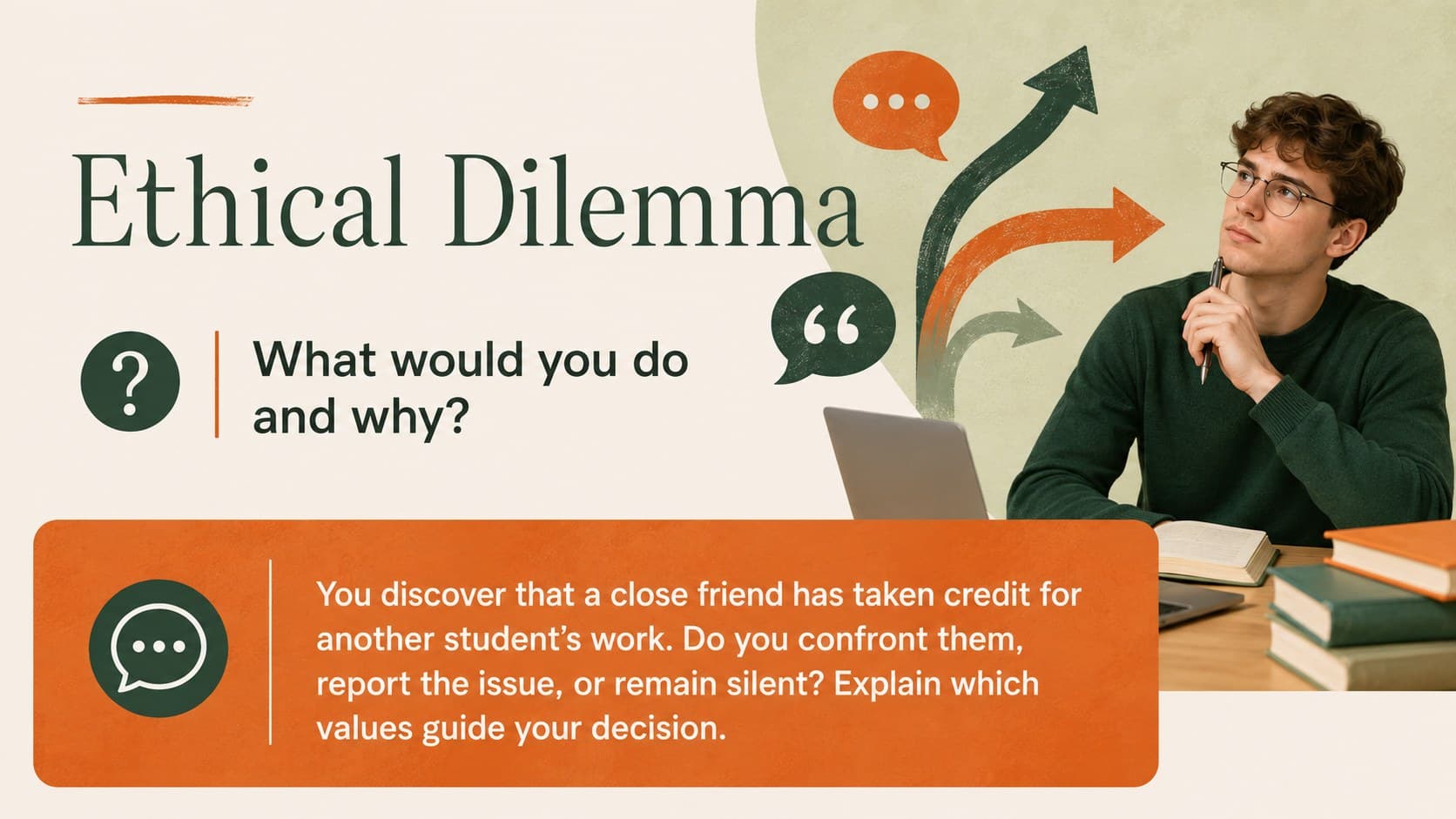 Ethics classroom presentation template slide featuring a concise everyday dilemma and discussion question.