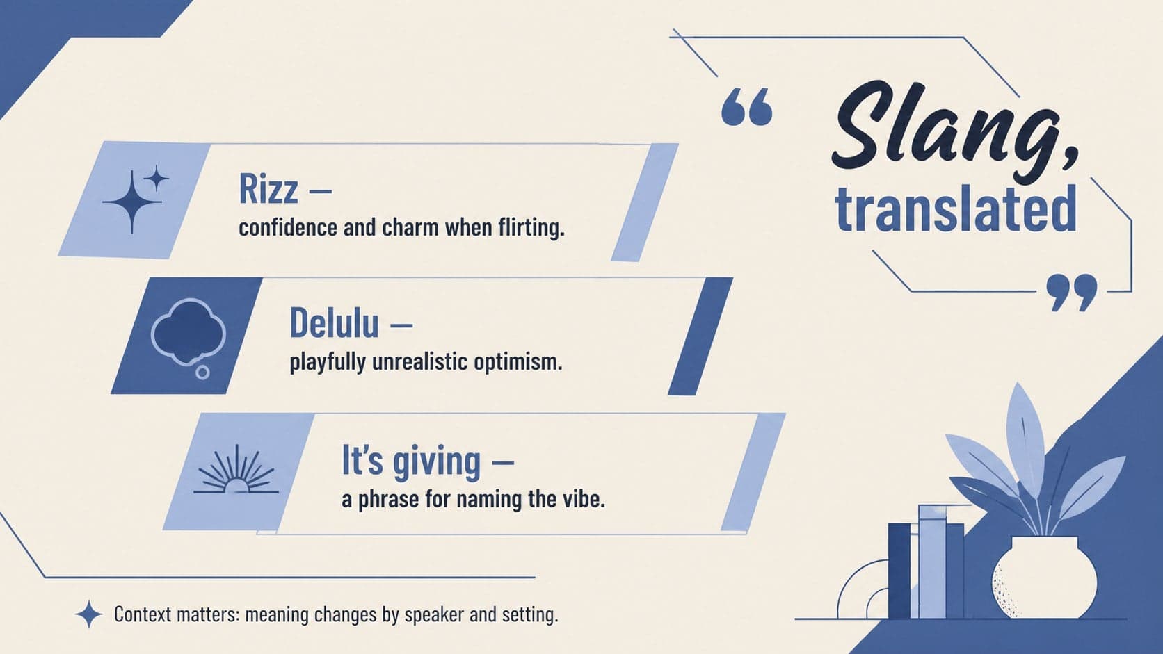 Blue and beige slang definitions slide translating popular expressions into clear everyday meanings.