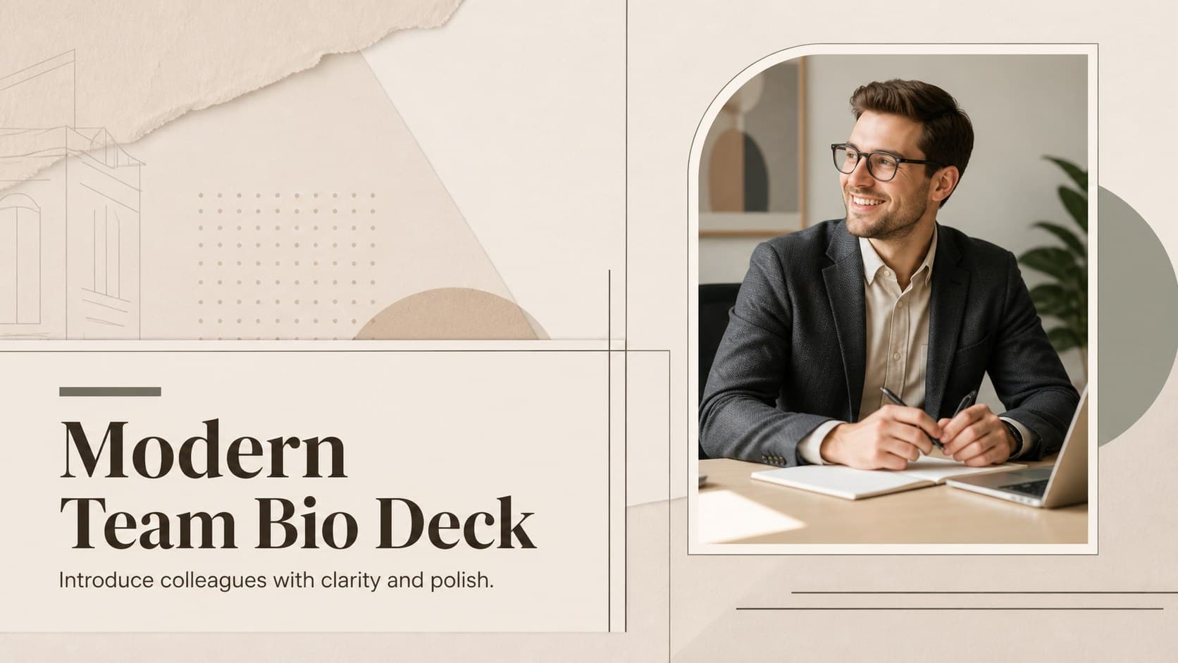 Cover of a modern team bio deck with a warm beige background and refined staff introduction styling.