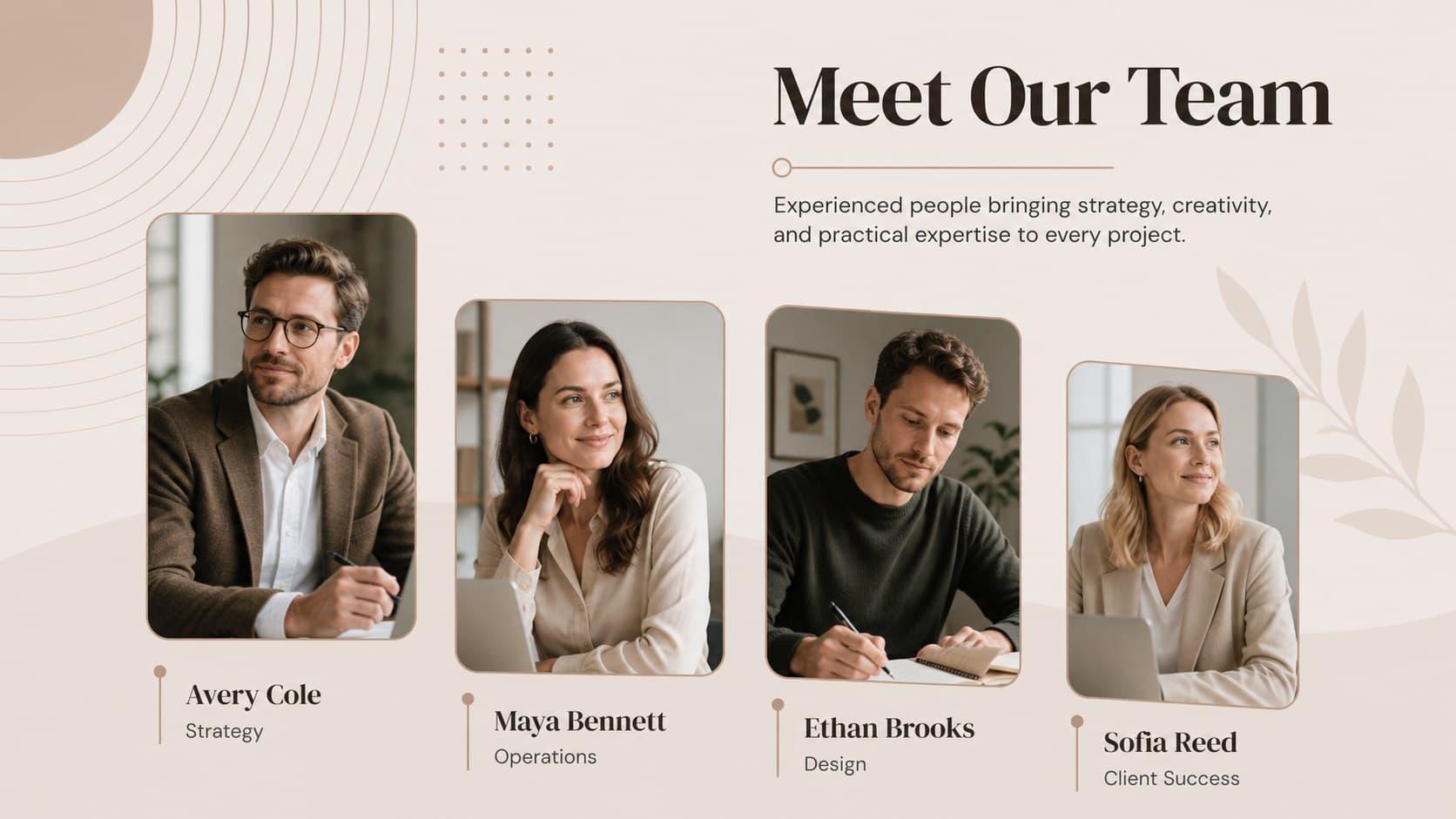 Team overview slide displaying four staff portraits with roles in a neutral professional layout.