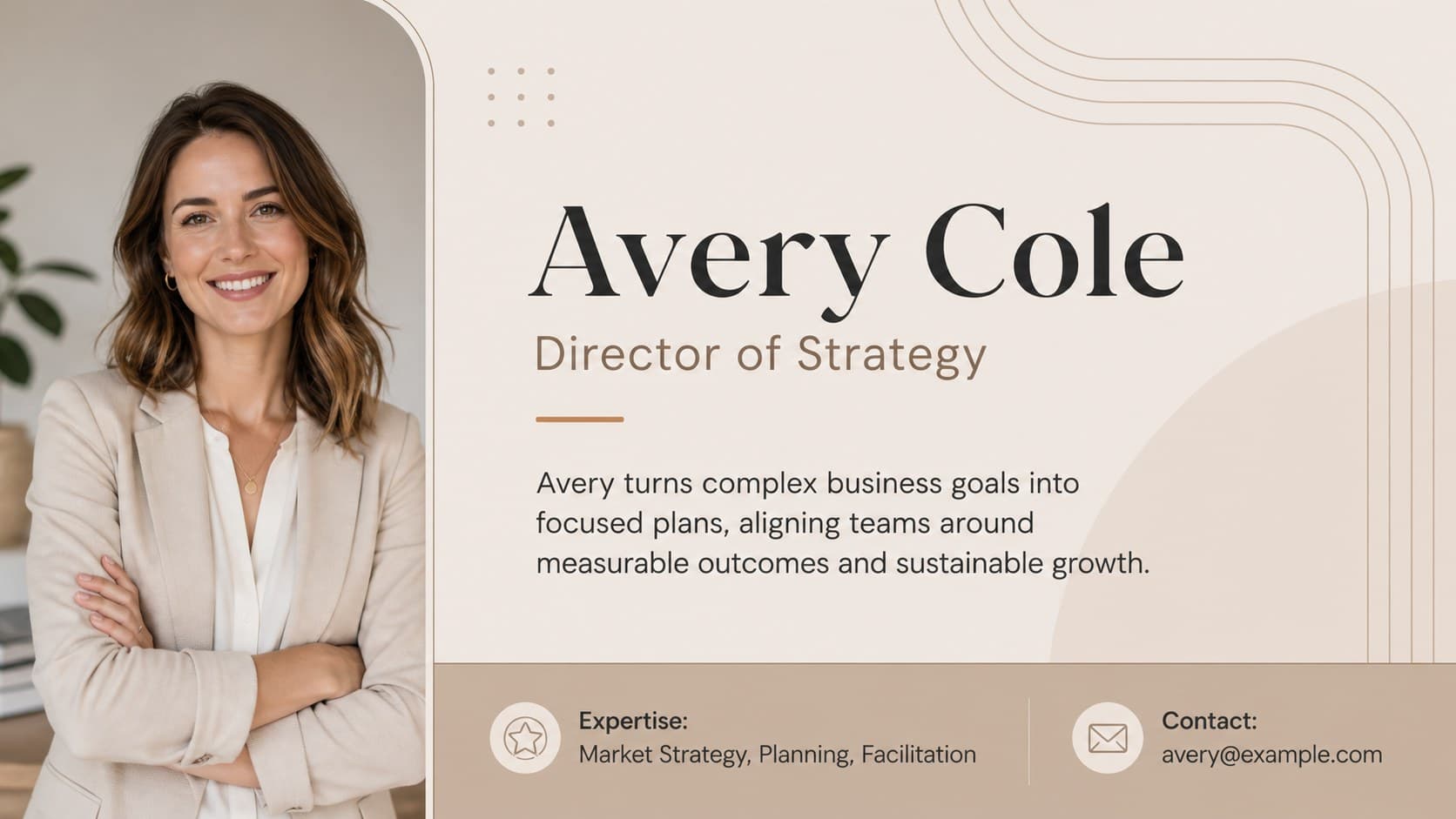 Individual staff profile slide featuring a portrait, concise biography, role, and contact information.