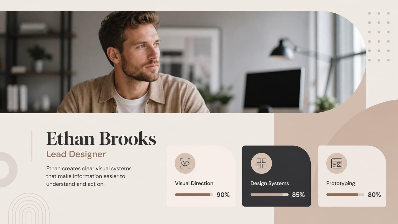 Professional team biography slide summarizing a designer's expertise with skills and a portrait.