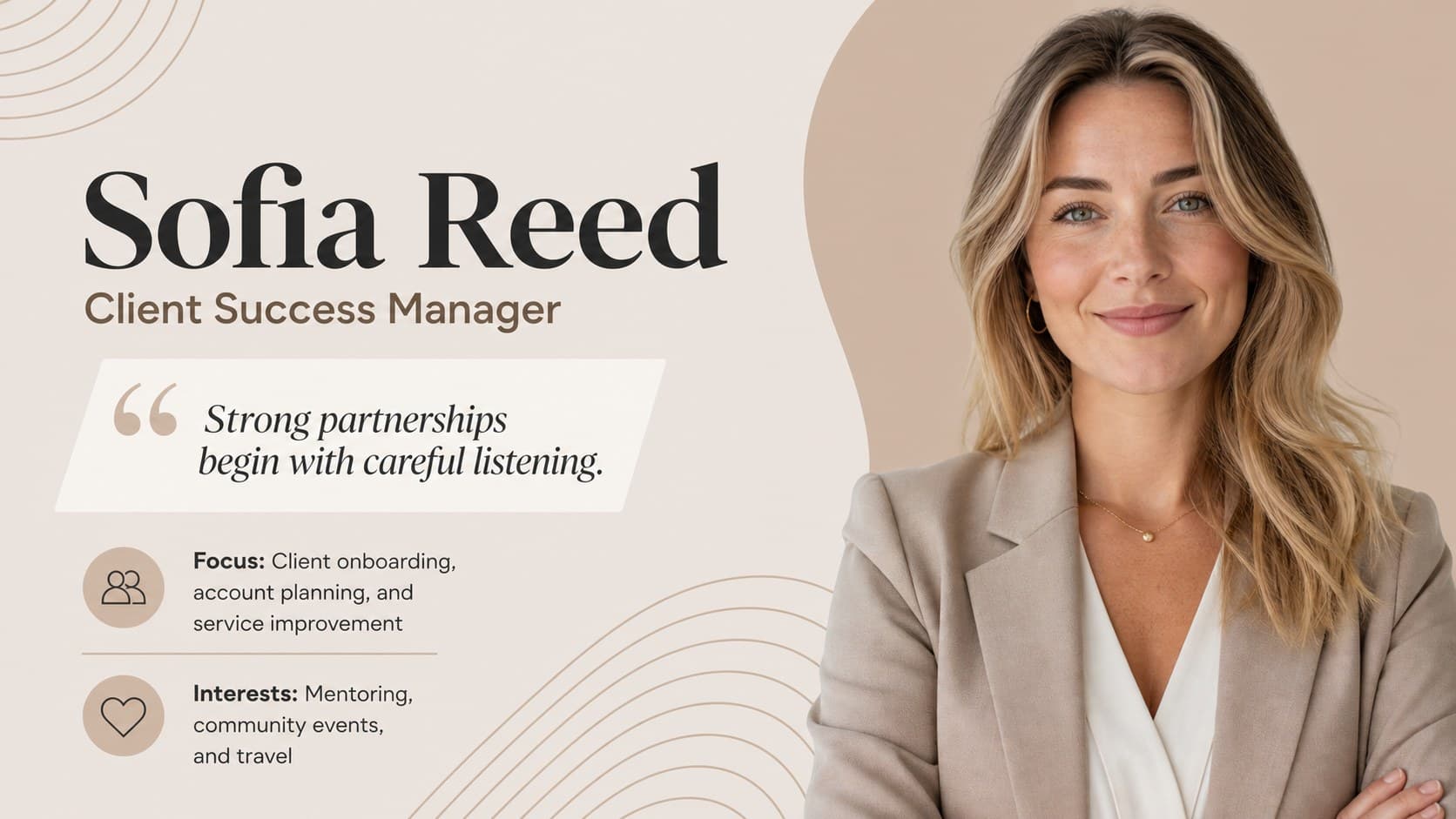 Employee spotlight presentation slide with a large portrait, quote, responsibilities, and professional interests.