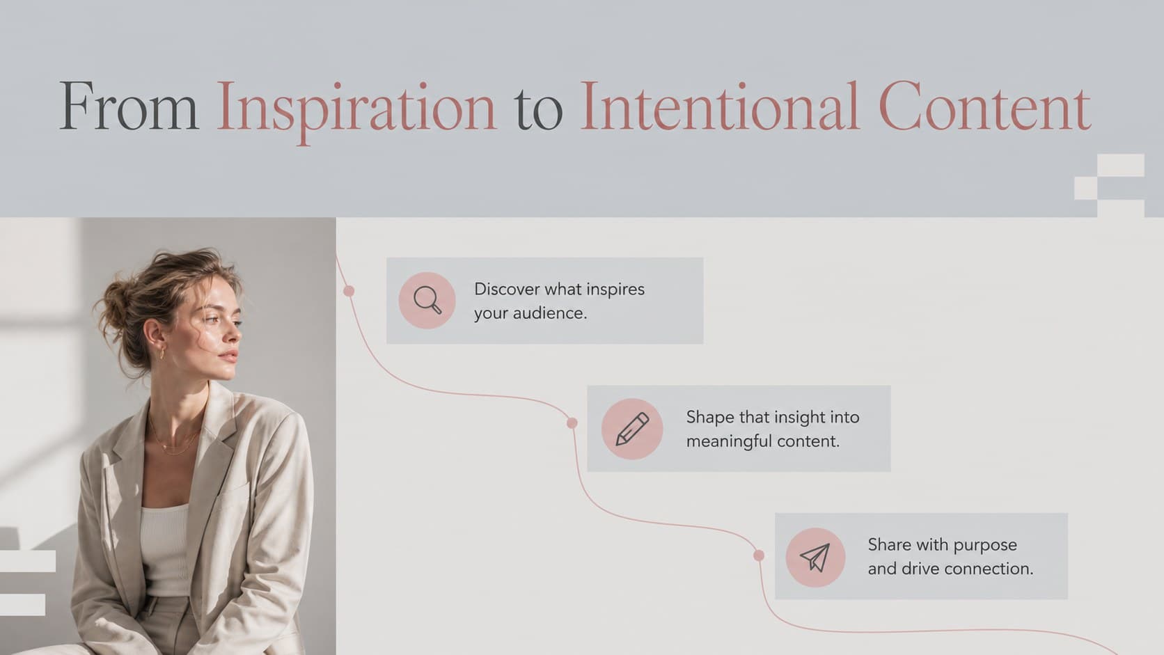 Introduction slide defining a modest fashion social media plan with grey typography and pink geometric accents.