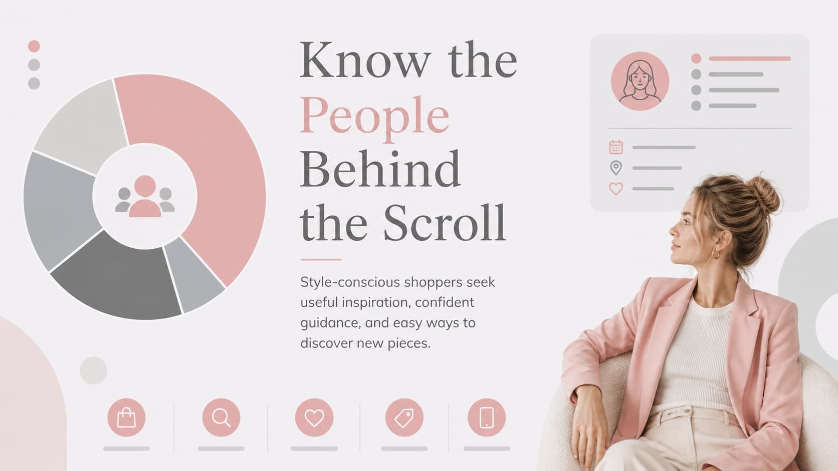 Audience profile slide for a hijab brand content calendar with persona details and pink data markers.