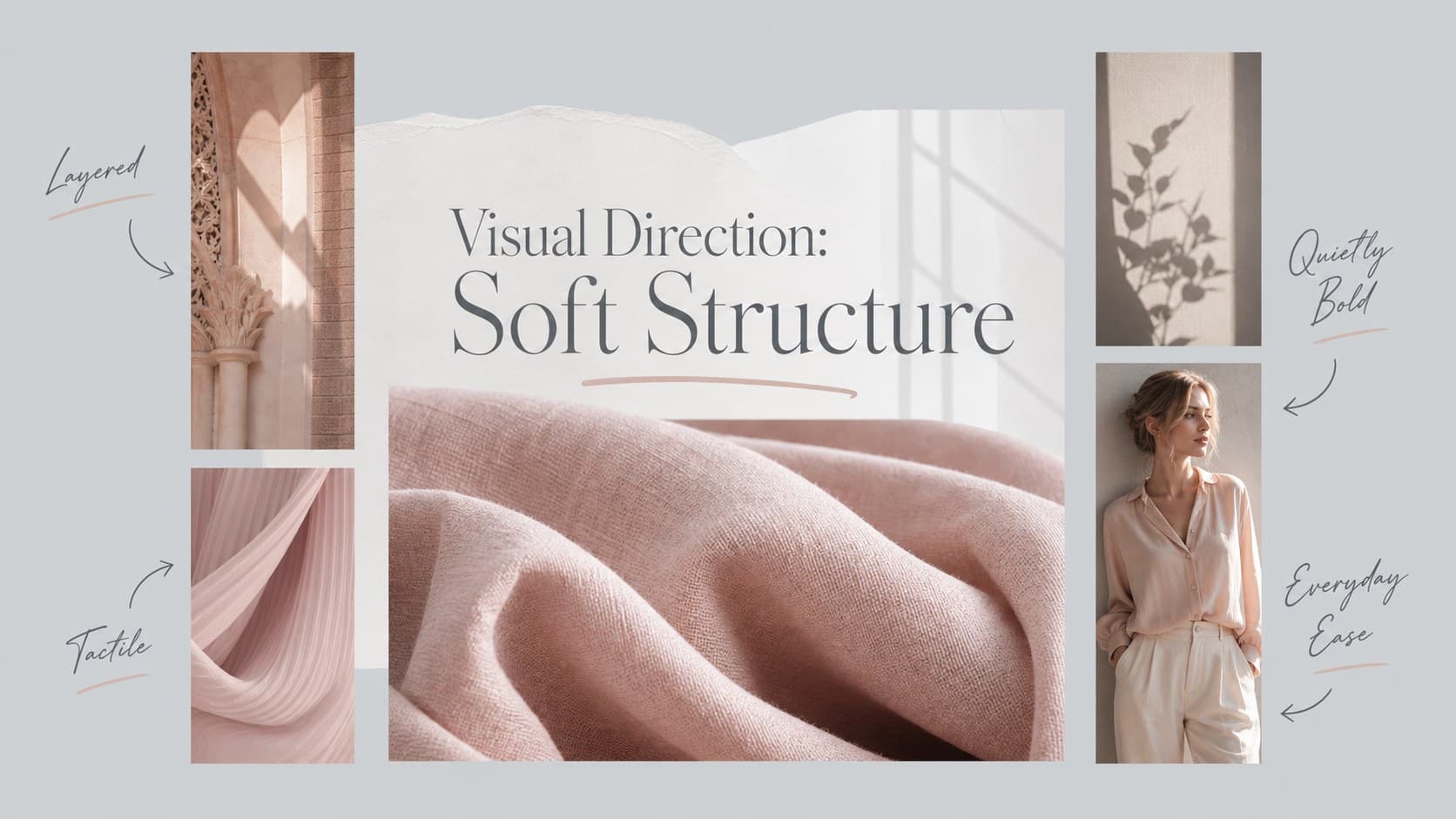 Modest fashion moodboard slide combining fabric details, style notes, and geometric pink accents.