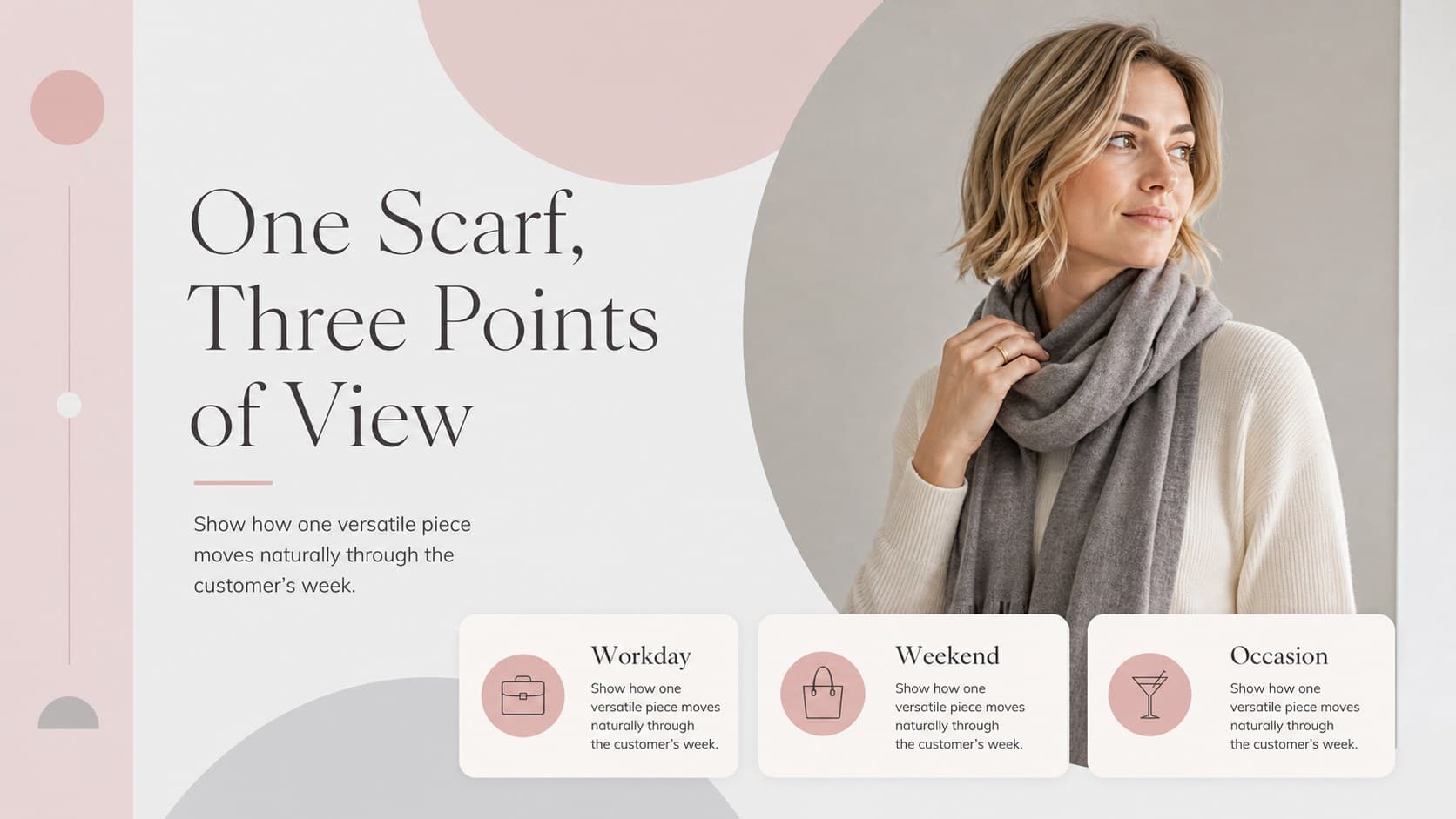 Hijab style feature slide presenting coordinated outfit ideas with editorial image frames and pink callouts.