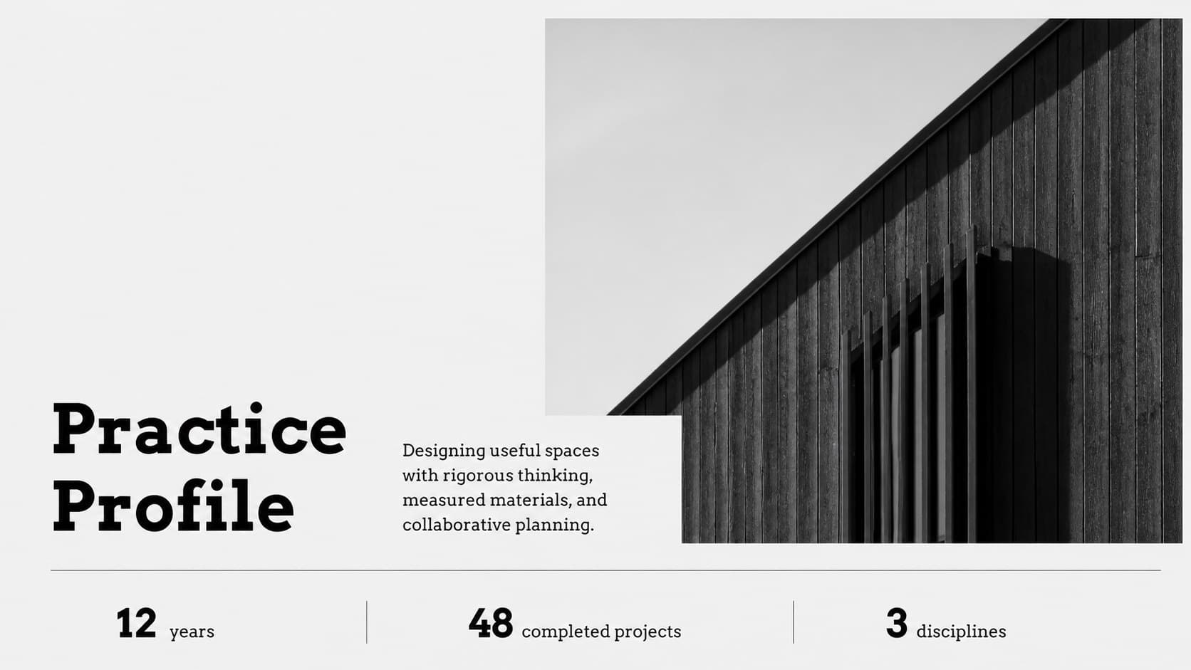 Introduction slide presenting an architecture studio profile with a monochrome building image and concise practice statement.