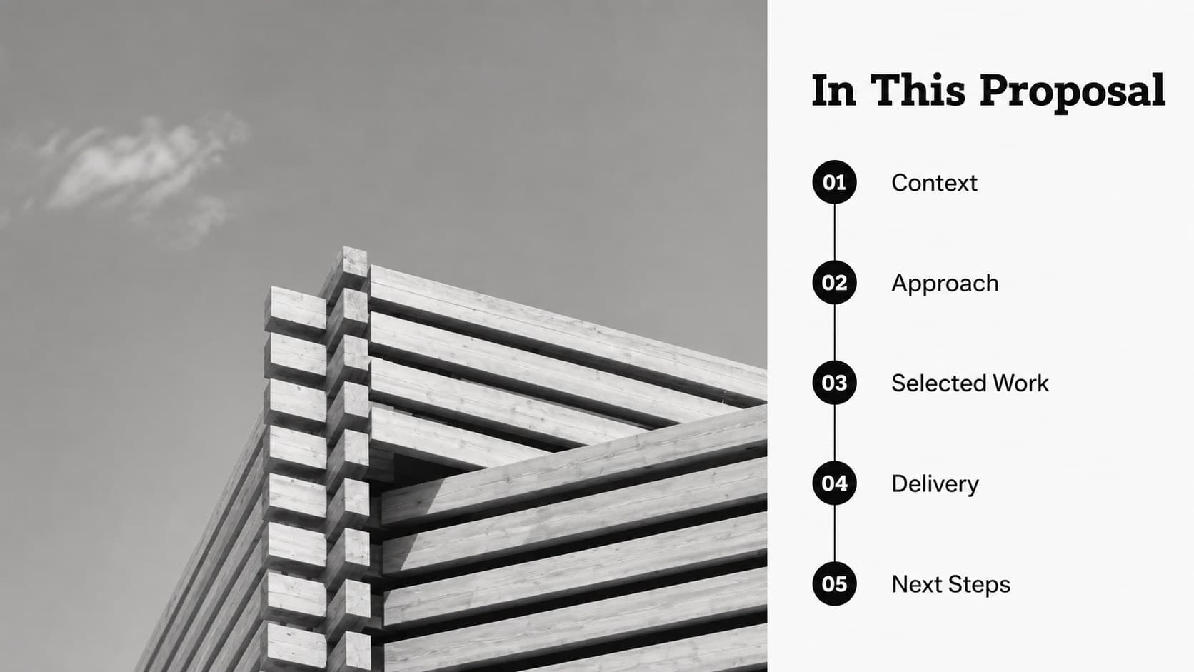 Agenda slide outlining the sections of a monochrome architecture presentation for a client meeting.