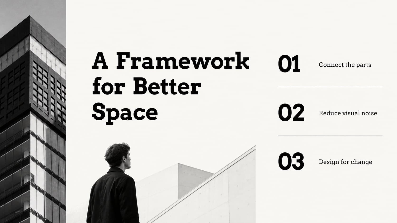 Concept slide explaining an architectural design direction with a dramatic black-and-white render.