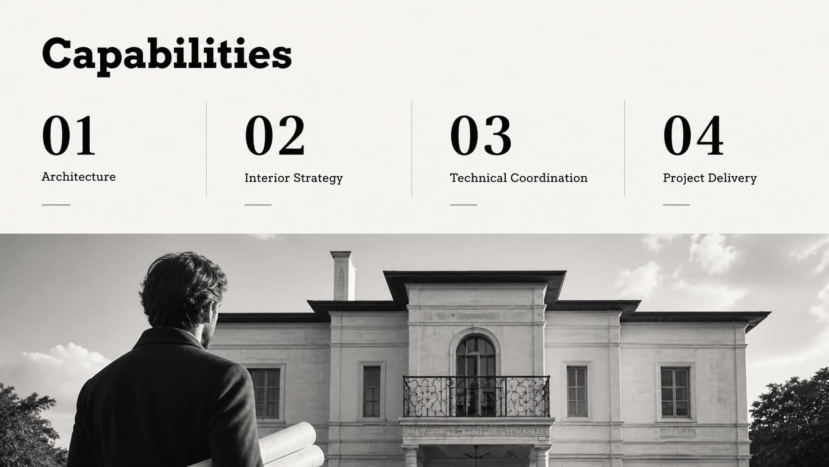 Services slide listing architecture and engineering capabilities beside a high-contrast project image.