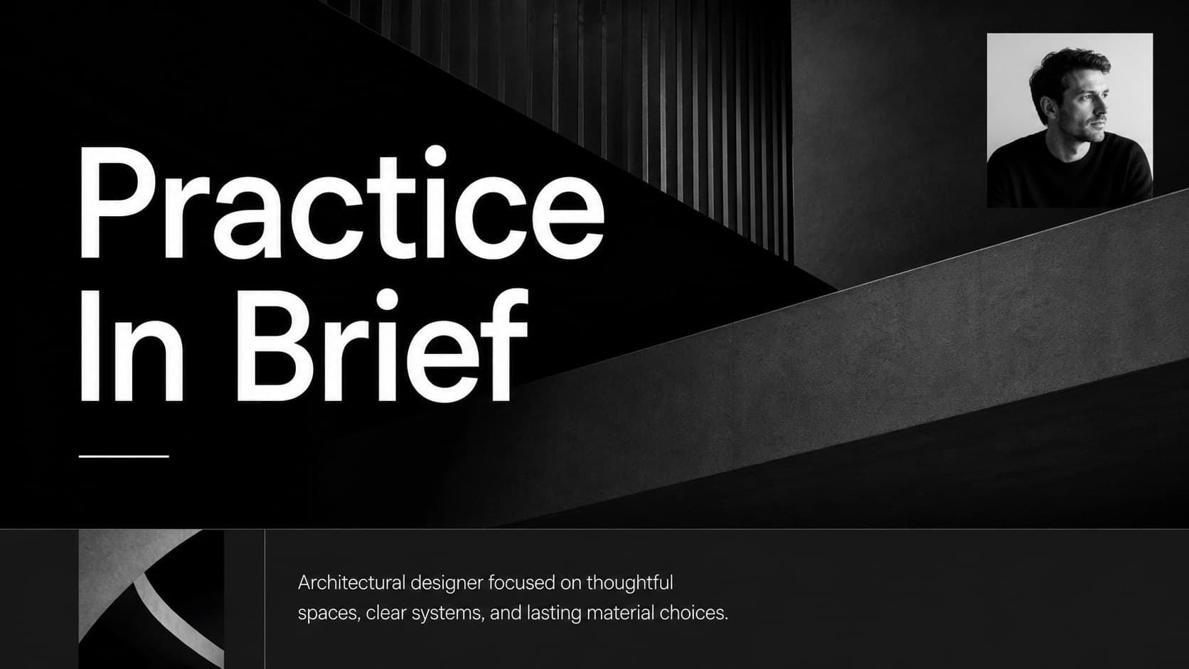 Architecture portfolio presentation introduction slide with a professional profile, short biography, and monochrome portrait area.