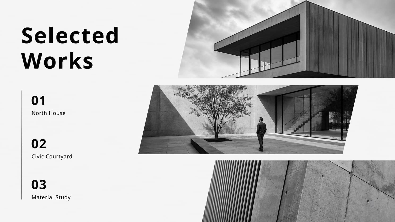 Selected works slide in a black and white architect portfolio presentation showing three featured projects.