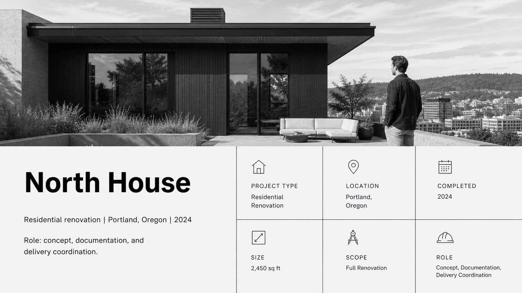 Architecture project case study slide presenting a featured building image, location, role, and completion date.