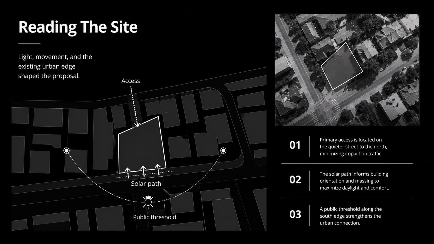 Site and context slide for an architectural design review presentation with maps, terrain imagery, and concise annotations.