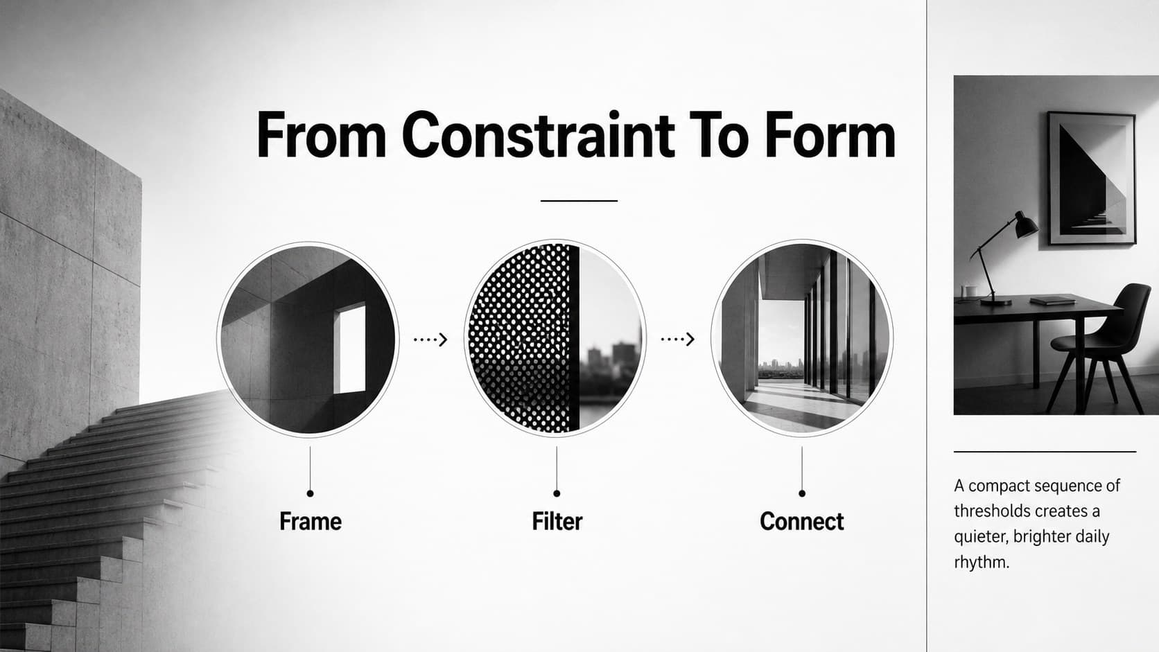 Concept development slide in an architecture student portfolio presentation showing diagrams and a concise design statement.