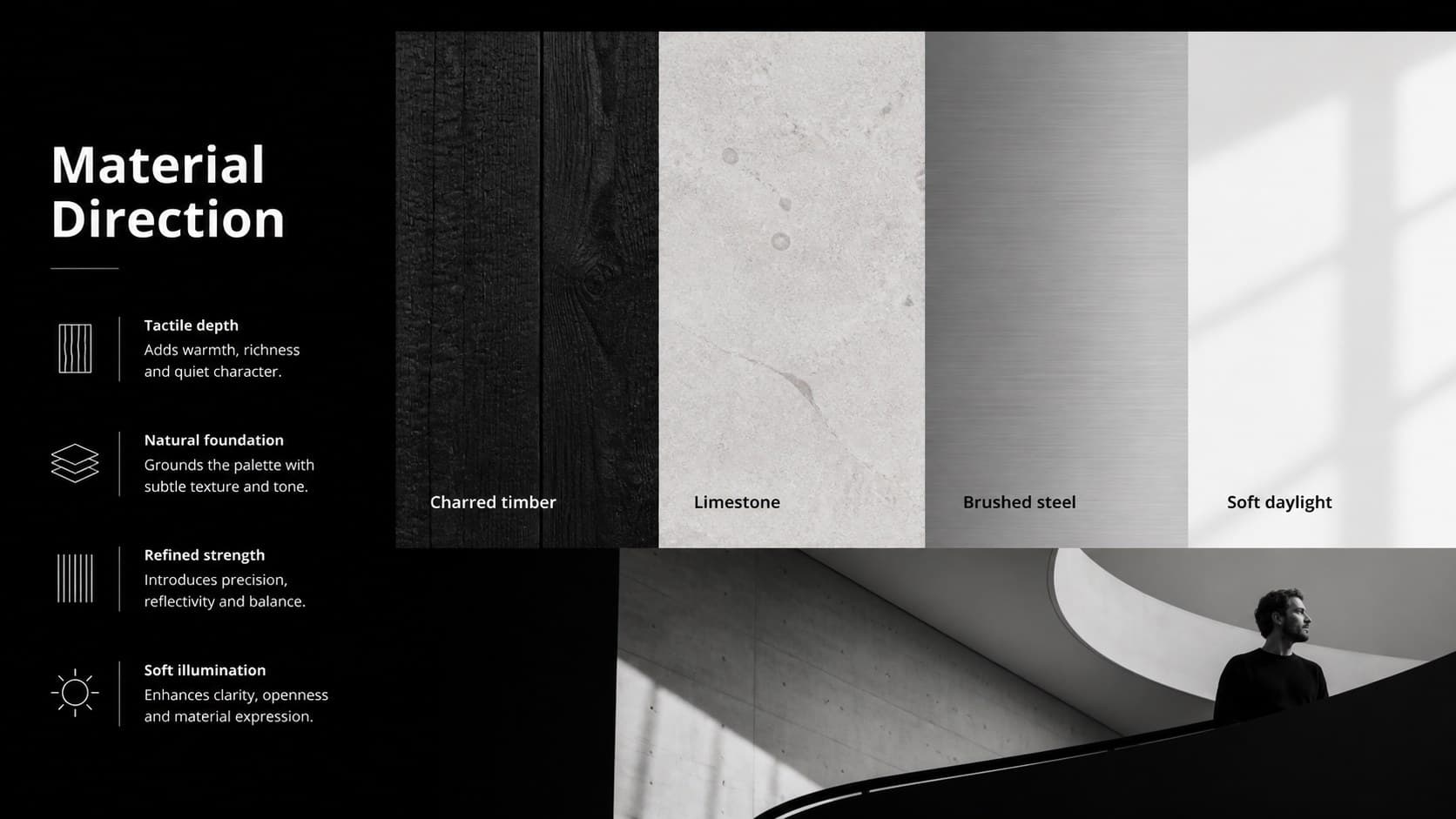 Material palette slide for an editable architecture project presentation featuring grayscale samples and specification notes.