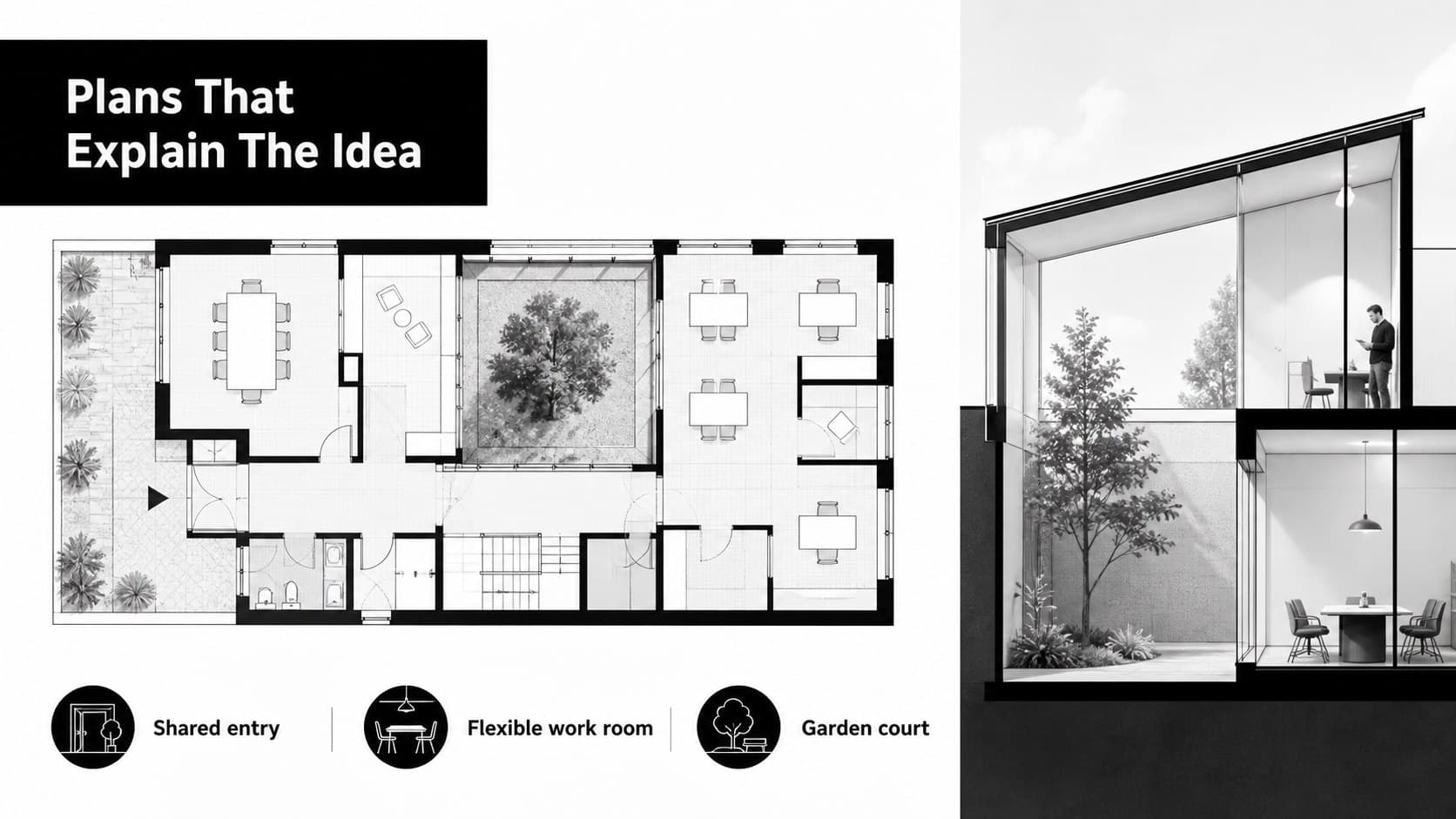 Floor plan and section slide in a black and white architecture portfolio deck with labeled drawings and project notes.