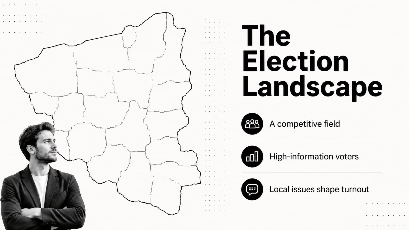 Election landscape overview with concise context points in a minimalist political strategy layout.