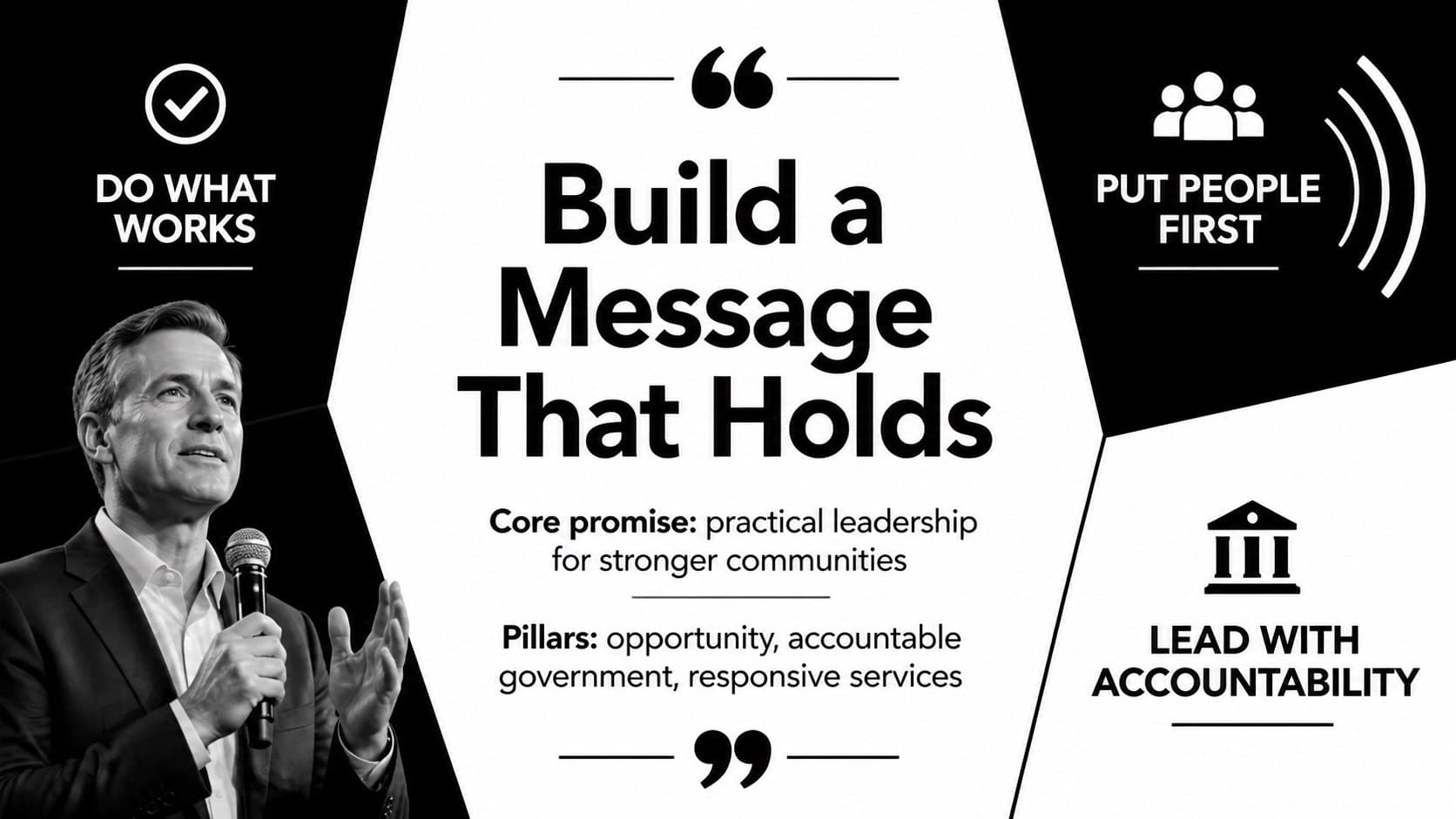 Campaign messaging presentation slide with a central promise and three supporting message pillars.