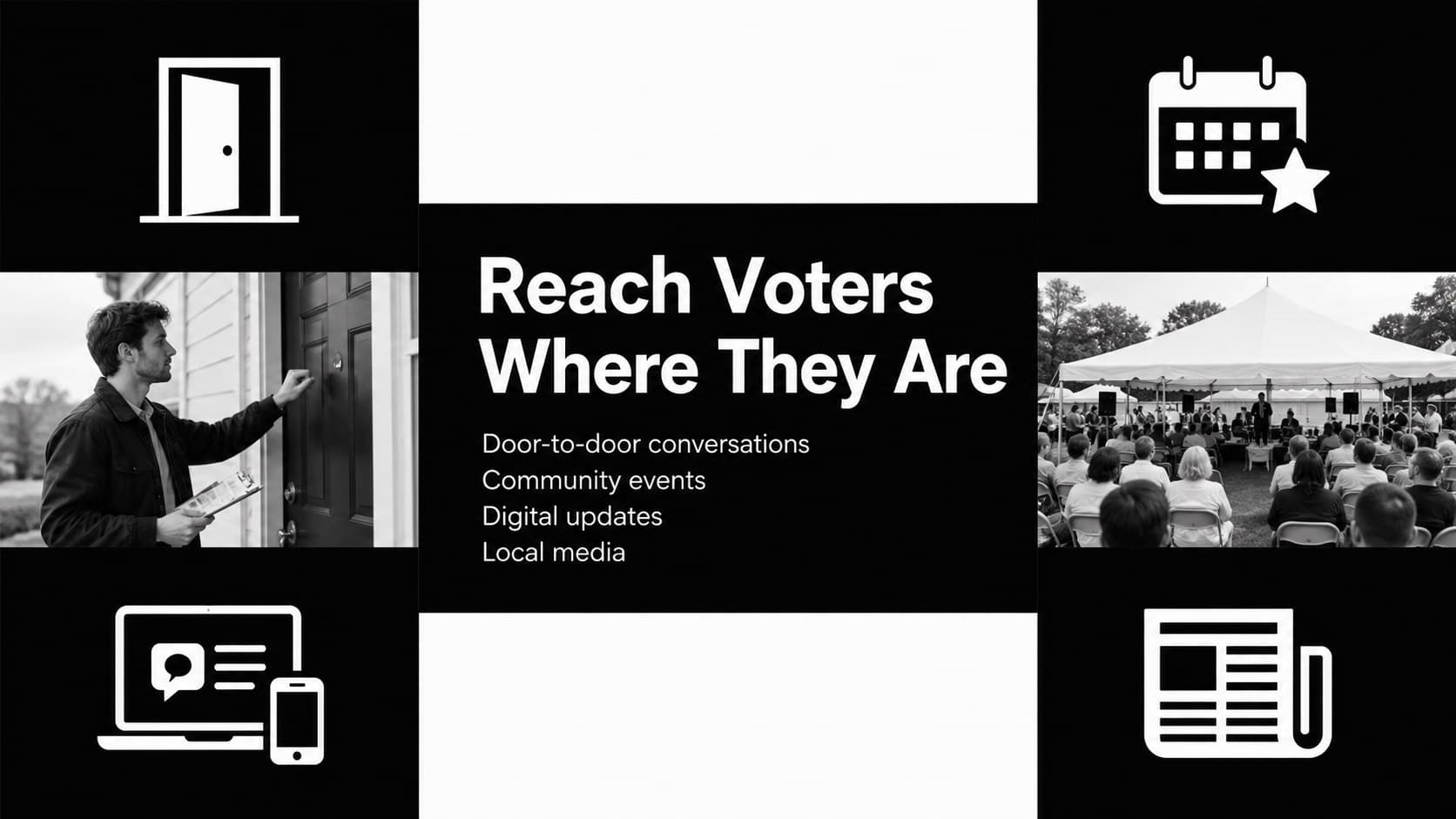 Voter outreach Google Slides layout organizing campaign communication across four channels.