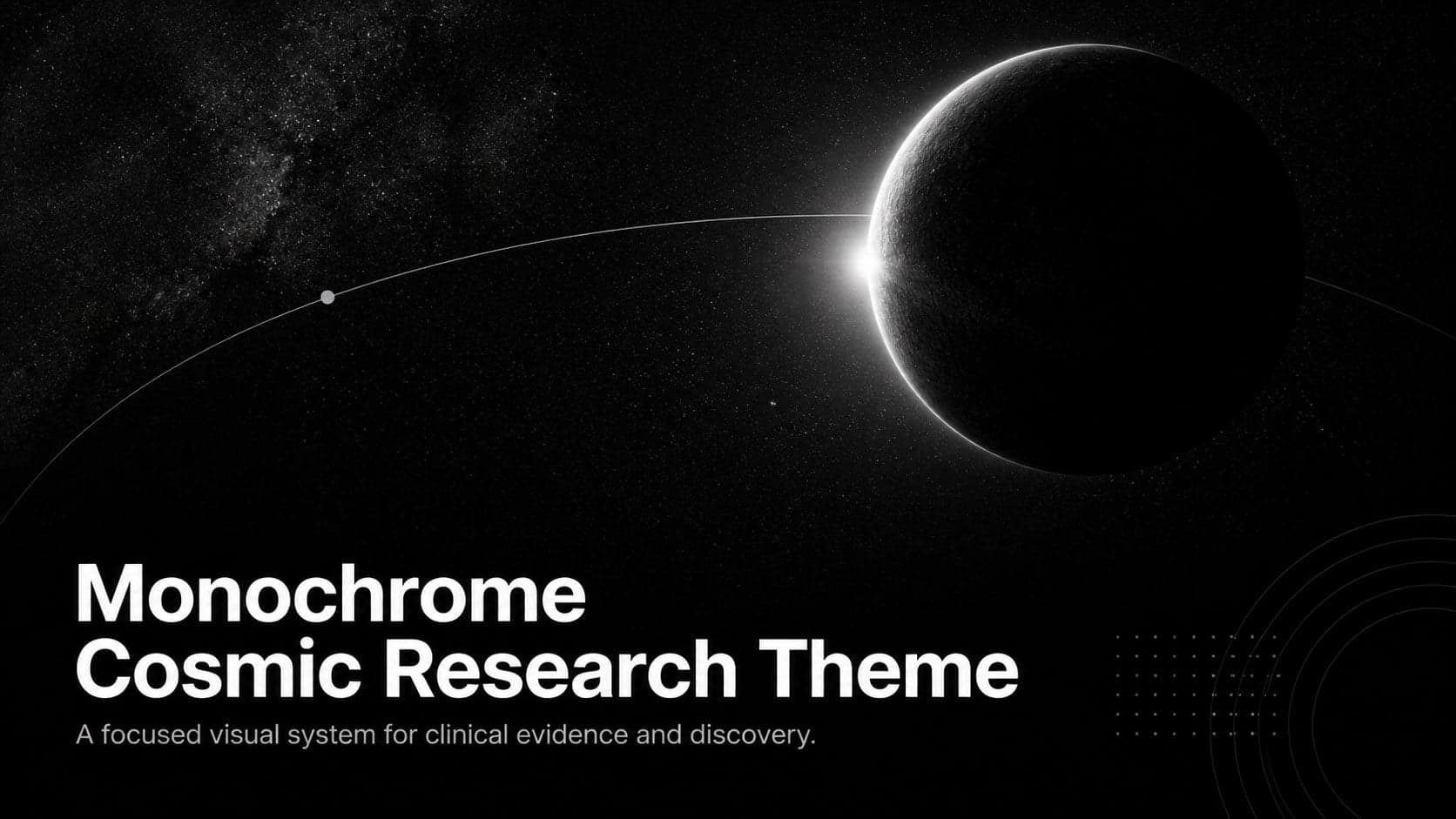 Cover of the Monochrome Cosmic Research Theme with a stark planetary form and clean scientific typography.