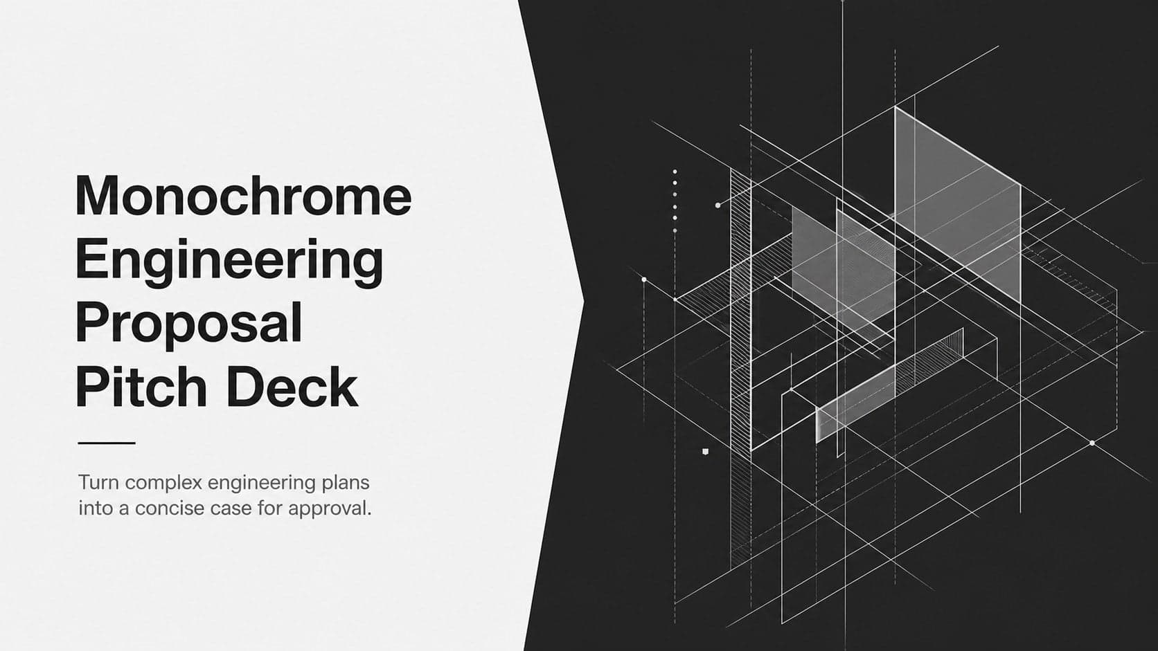 Cover of a monochrome engineering proposal pitch deck with a bold technical title and restrained geometric details.