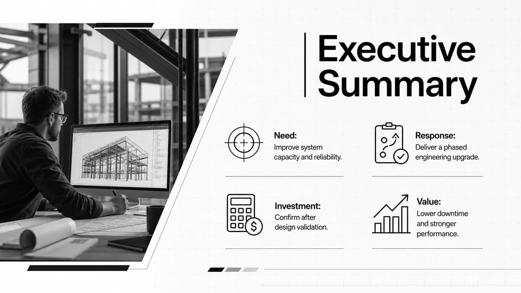 Executive summary slide outlining the business need, engineering response, investment, and expected value.