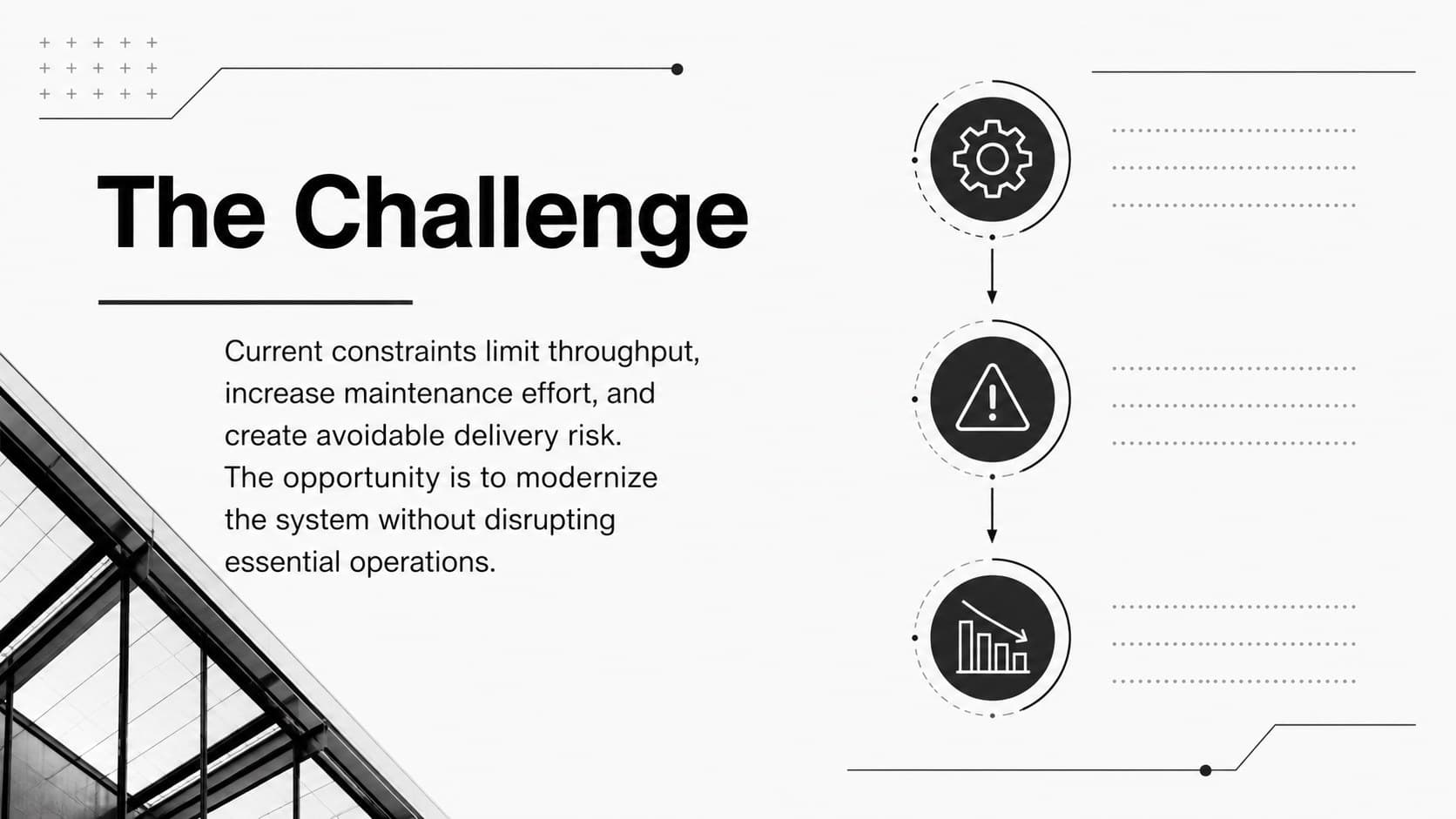 Engineering proposal slide defining the current challenge, operational impact, and improvement opportunity.